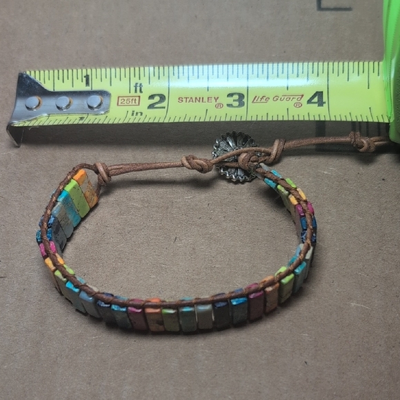 Handmade Multicolor Stone Tile Wrap Bracelet - Brown Cord - Picture 2 of 7